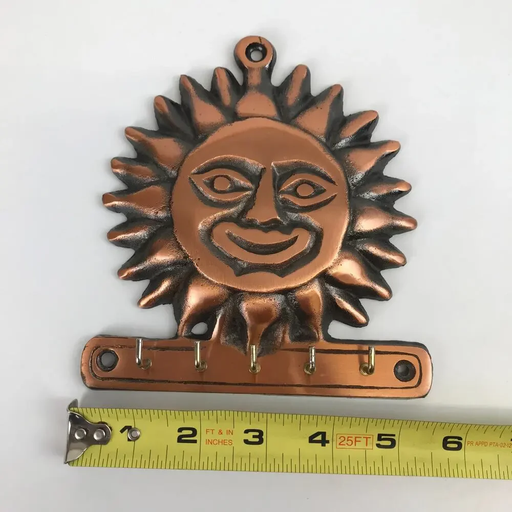 Celestial Sun Face 5 Hook Key Rack Vintage 90s Copper Toned Southwest Wall Decor